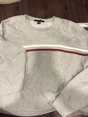 Forever 21 Women's Light Gray Crewneck Sweater with White and Burgundy Stripes